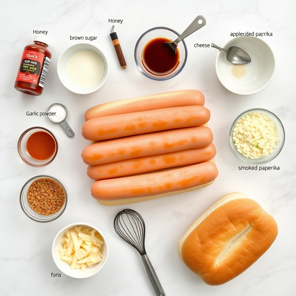 Ingredients for firecracker hot dogs laid out on a marble countertop