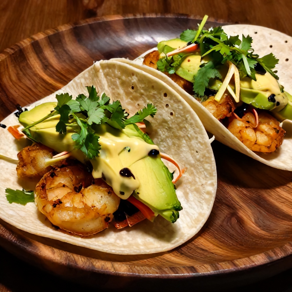 Plated firecracker shrimp tacos with zesty cilantro lime slaw