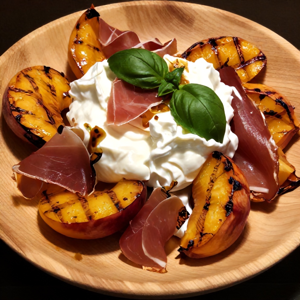 Plated grilled peach salad with burrata and prosciutto