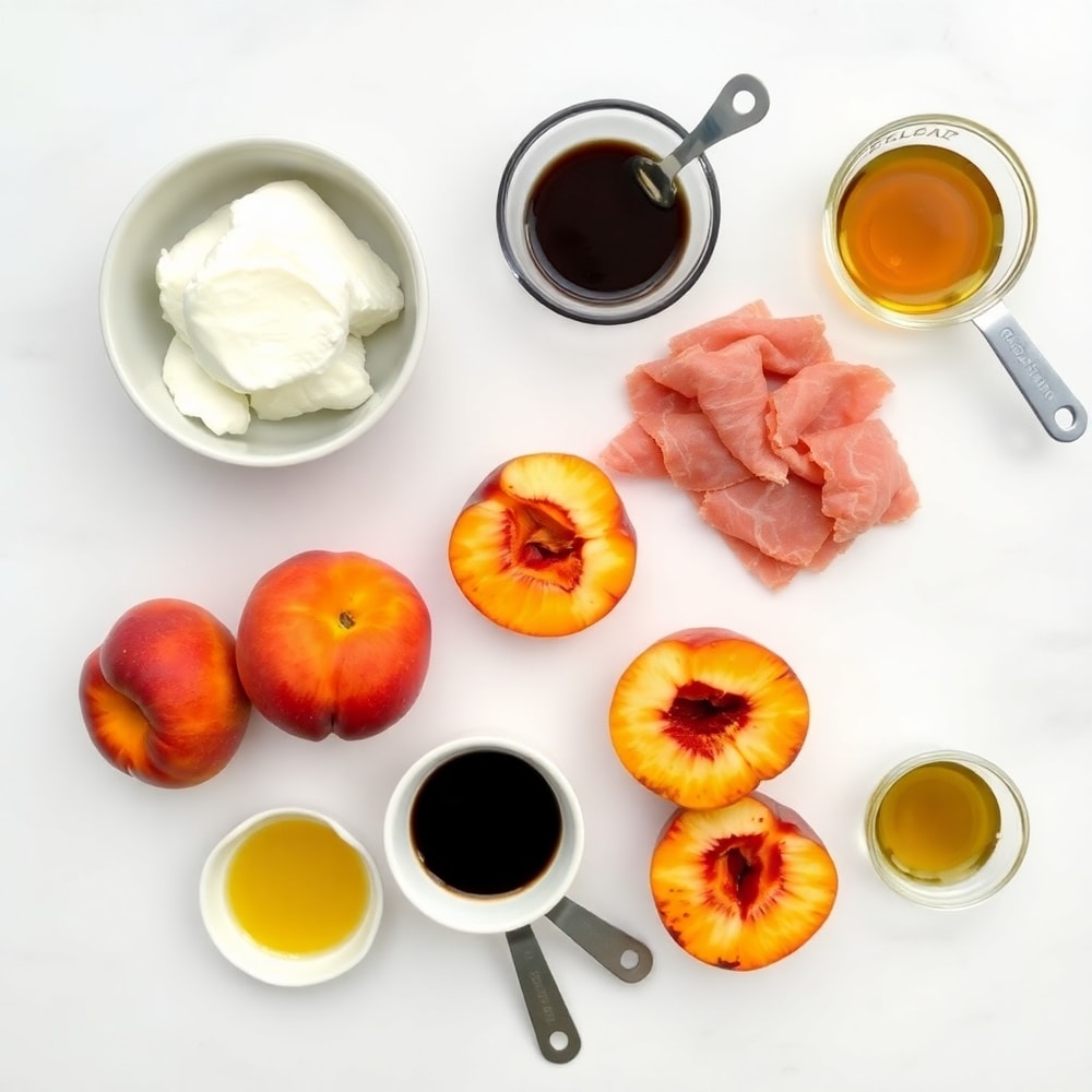 Raw ingredients for grilled peach salad on a marble surface