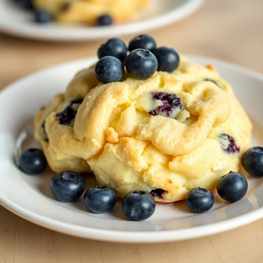 Plated Fluffy Cottage Cheese Blueberry Cloud Bread with fresh blueberries