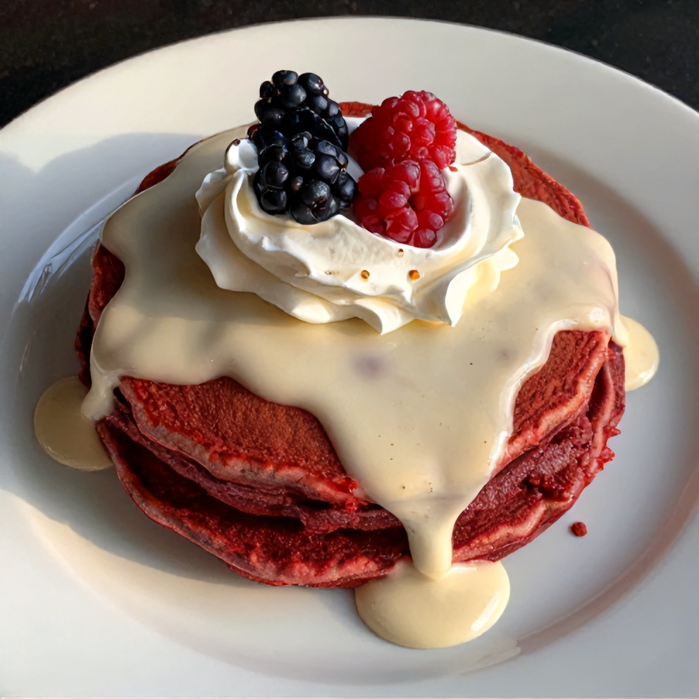 Plated red velvet pancakes with cream cheese glaze