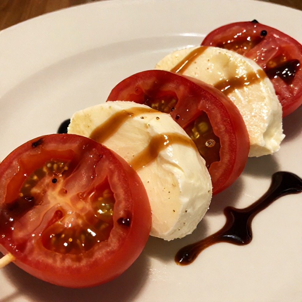 Close-up of Caprese Salad Skewers with balsamic glaze