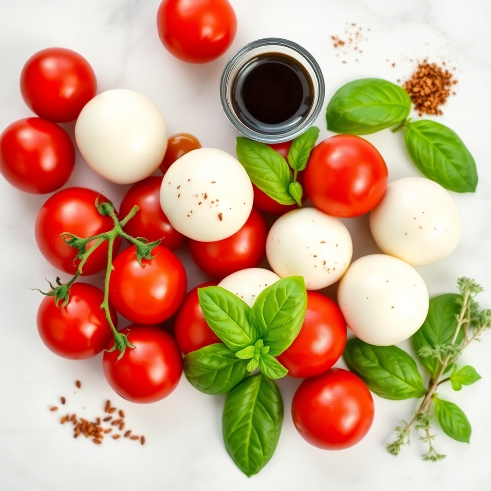 Fresh Caprese Salad Skewers ingredients on a marble surface