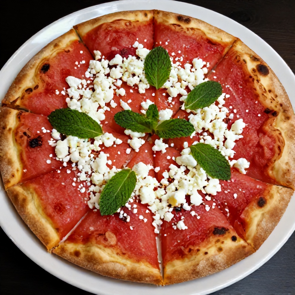 Plated serving of Watermelon Pizza on a white plate