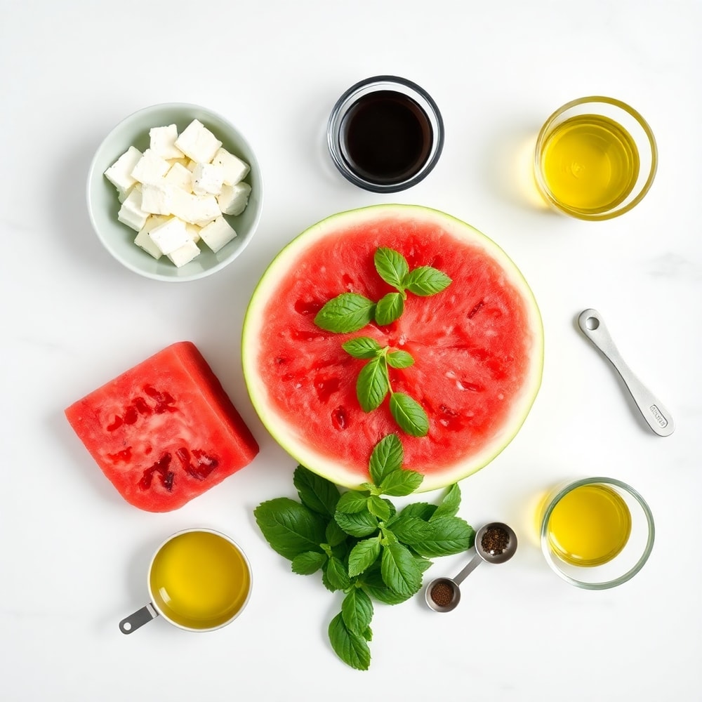 Raw ingredients for Watermelon Pizza on a marble surface
