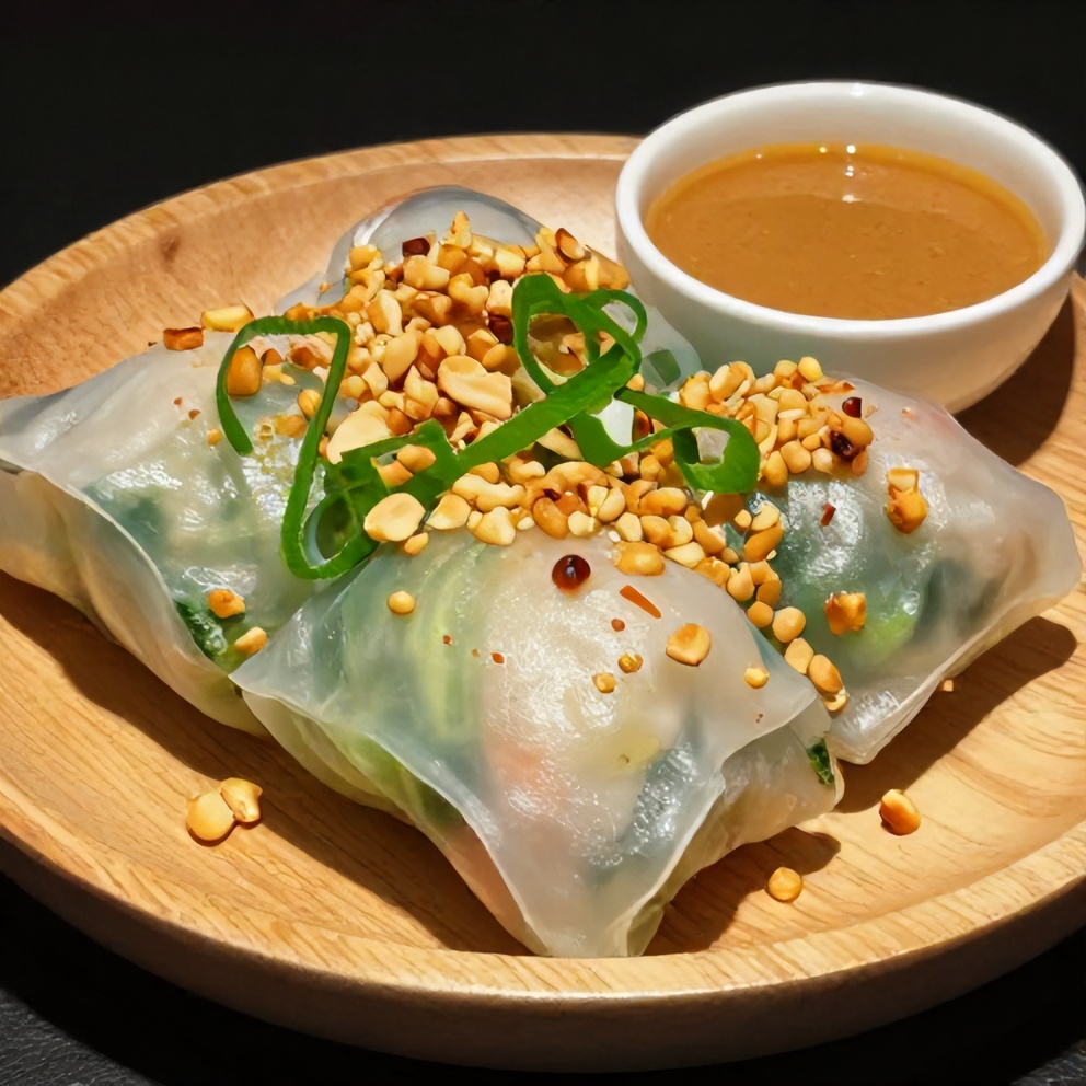 Plated fresh Vietnamese summer rolls with peanut sauce on a light wooden plate