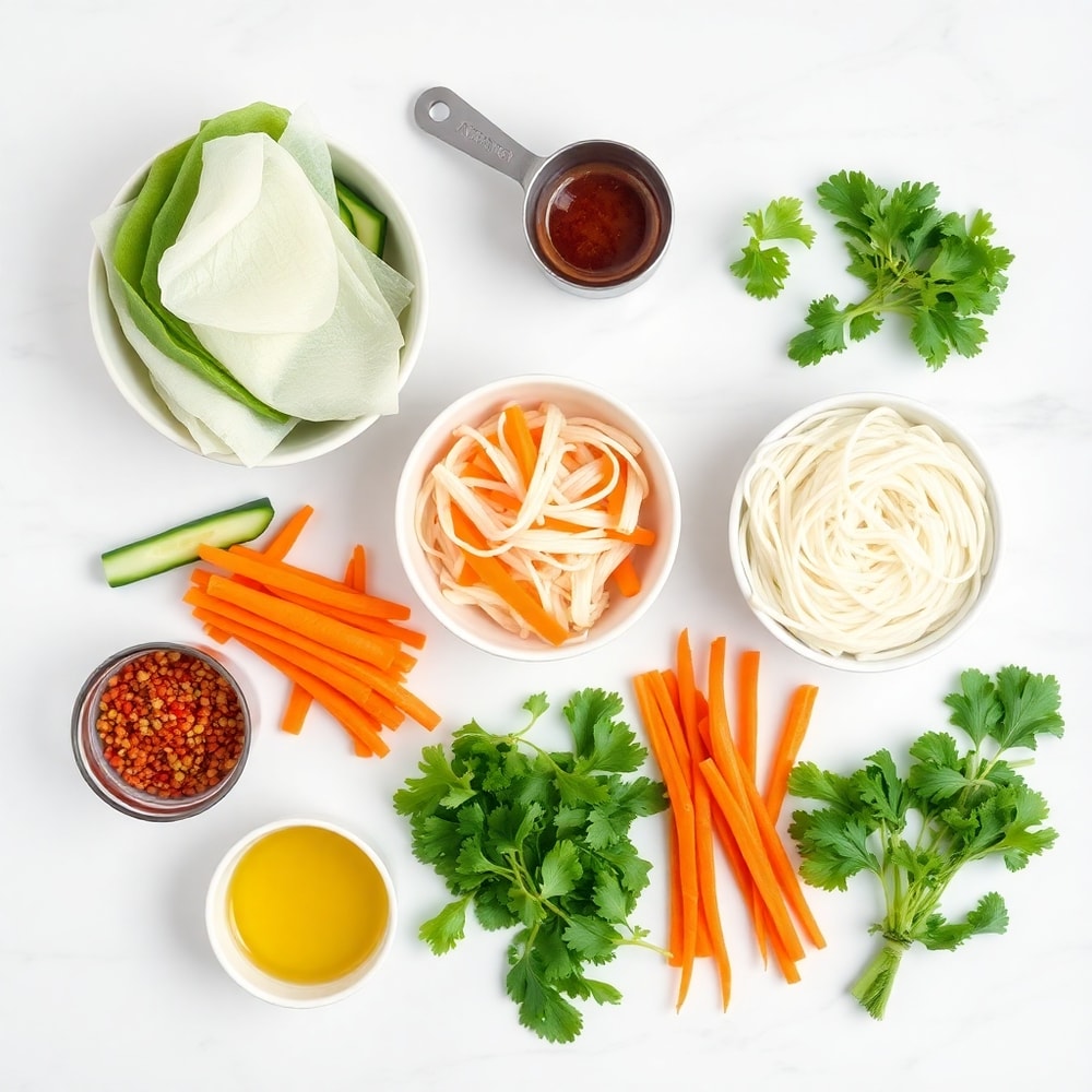 Raw ingredients for fresh Vietnamese summer rolls on a white marble surface