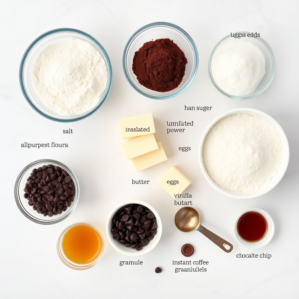 Ingredients for fudgy chocolate brownie cookies on a marble surface