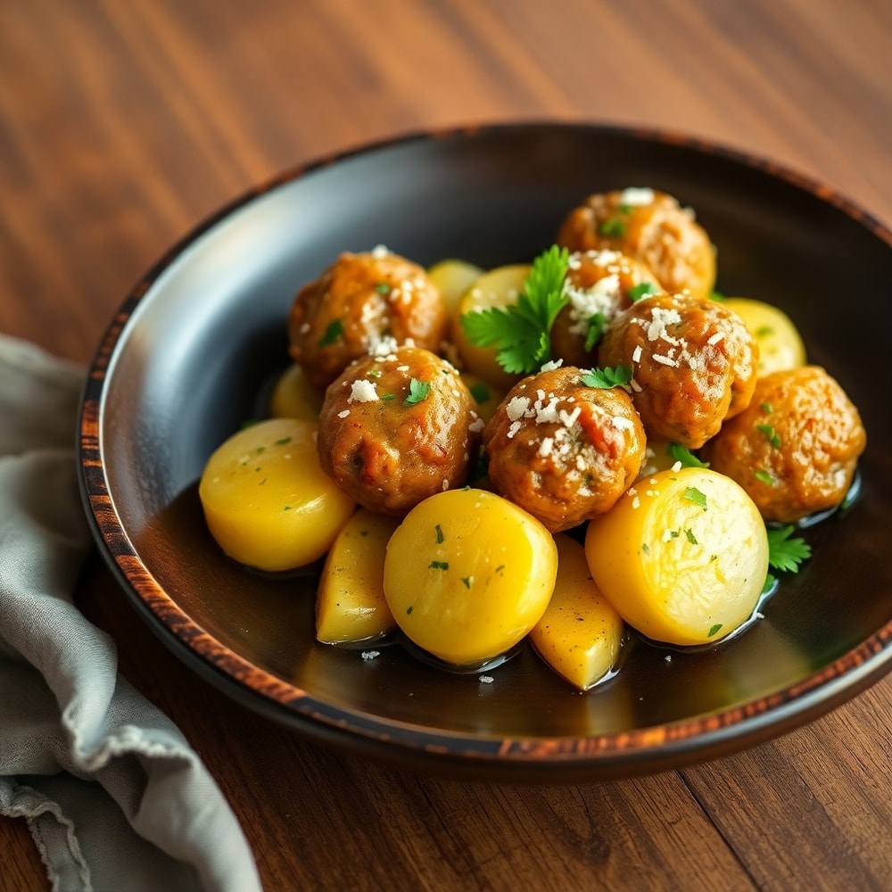 Garlic Butter Meatballs and Potatoes Ready to Serve