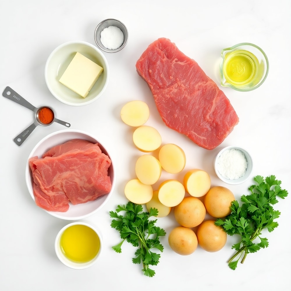 Raw Ingredients for Garlic Butter Steak Bites & Potatoes