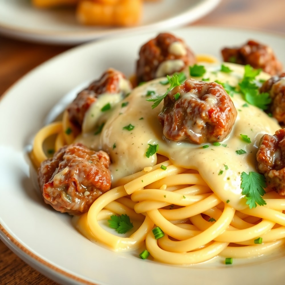 Garlic Butter Steak Bites with Parmesan Cream Pasta plated
