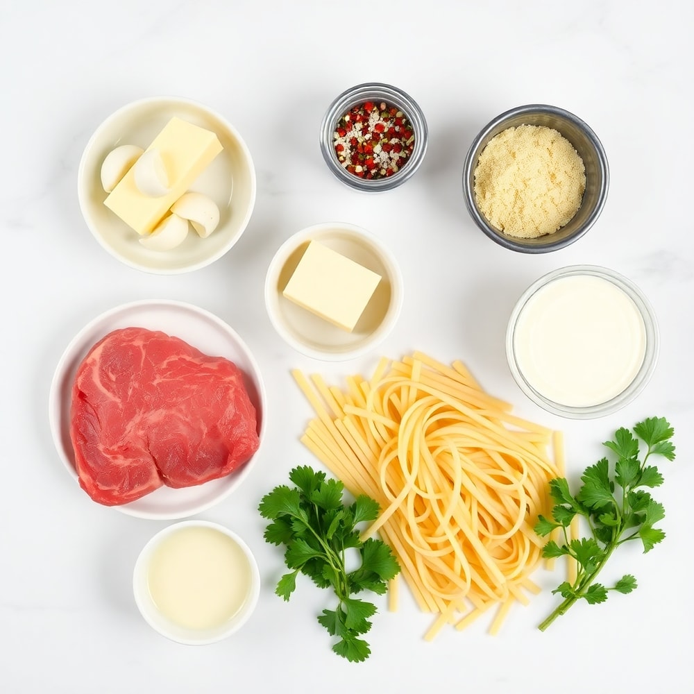 Ingredients for Garlic Butter Steak Bites with Parmesan Cream Pasta