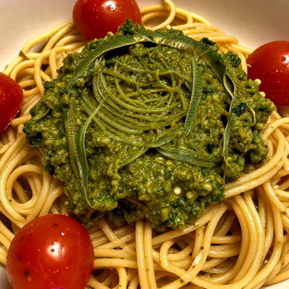 Garlic Scape Pesto on pasta with cherry tomatoes