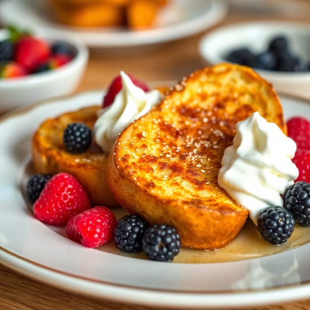 Golden French Toast plated with fresh berries and whipped cream