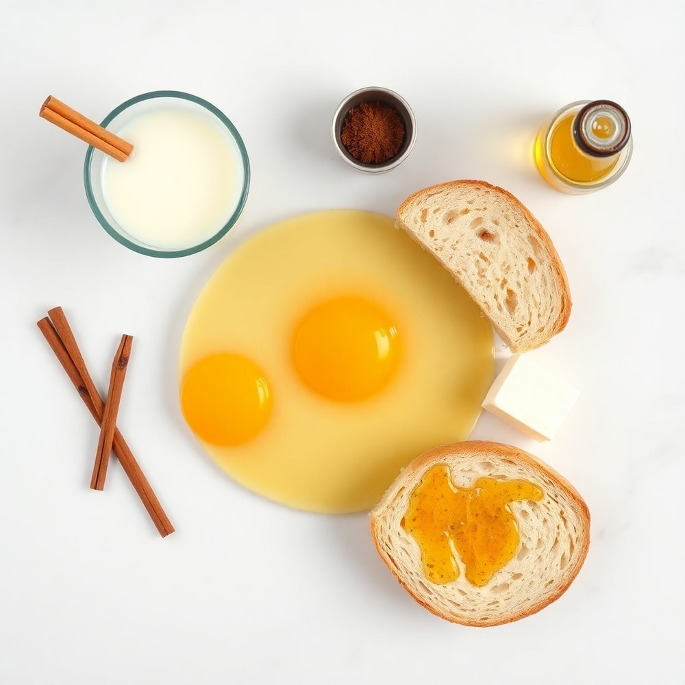 Raw ingredients for Golden French Toast: bread, eggs, milk, cinnamon, vanilla extract, salt, butter, syrup