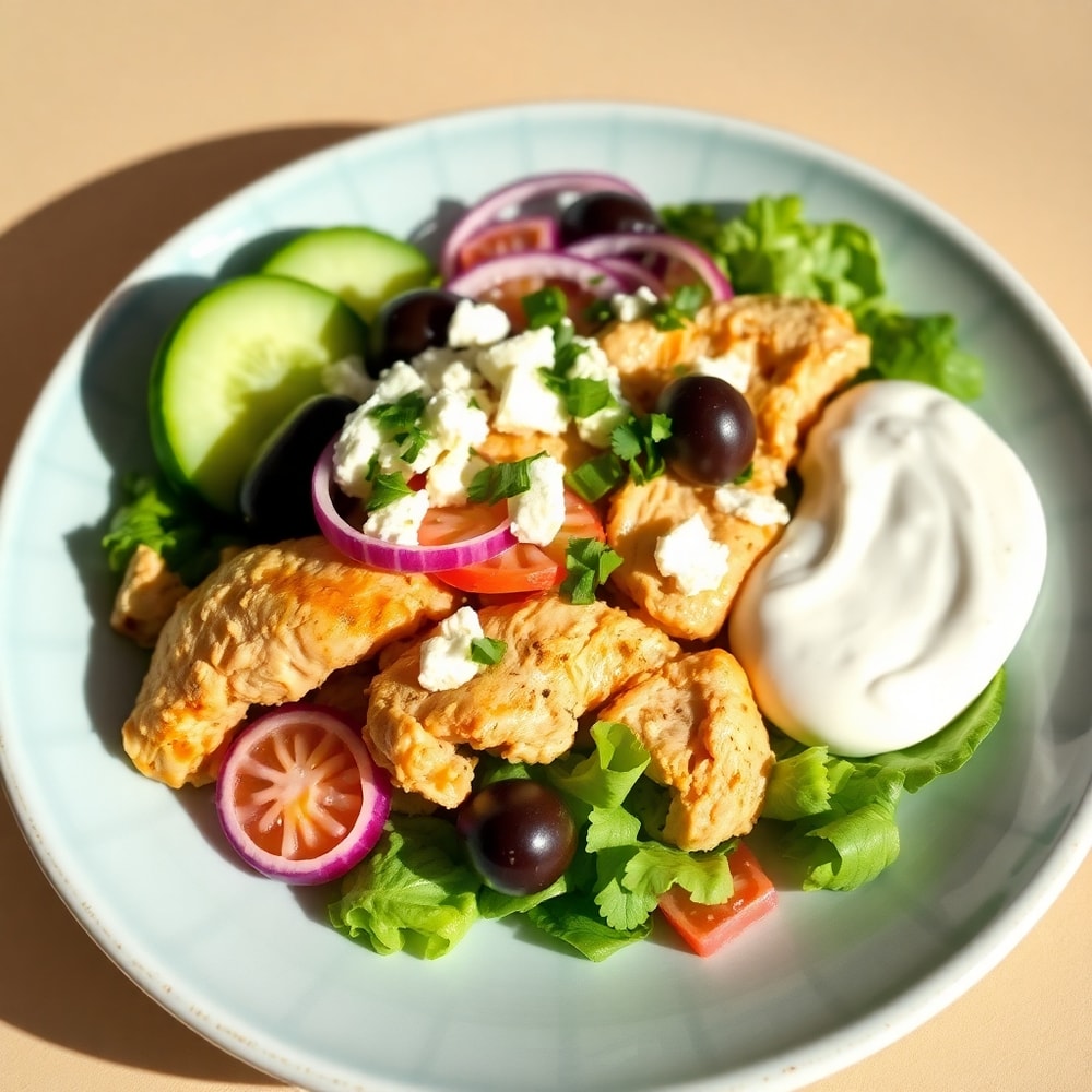 Greek Chicken Bowl plated with feta cheese, Kalamata olives, and fresh parsley