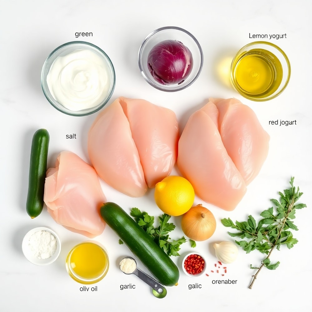 Raw ingredients for Greek Chicken Bowl including chicken, cucumber, yogurt, and red onion