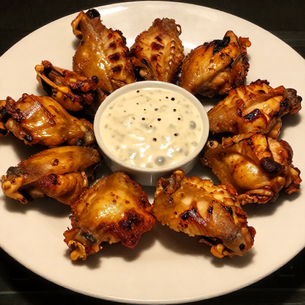 Plated Crispy Grilled Chicken Wings with ranch dressing