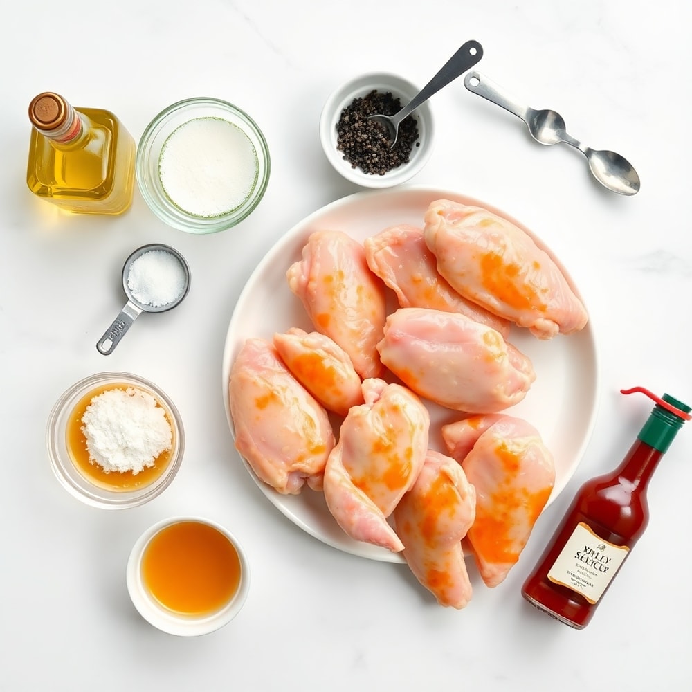 Raw ingredients for Grilled Chicken Wings on a marble surface