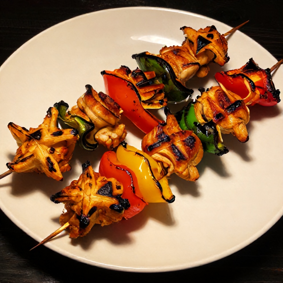 Plated grilled honey BBQ chicken skewers with star cut peppers
