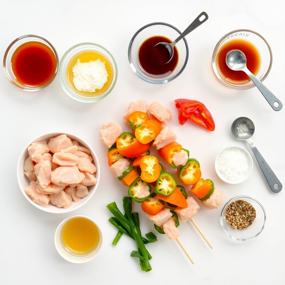 Raw ingredients for grilled honey BBQ chicken skewers