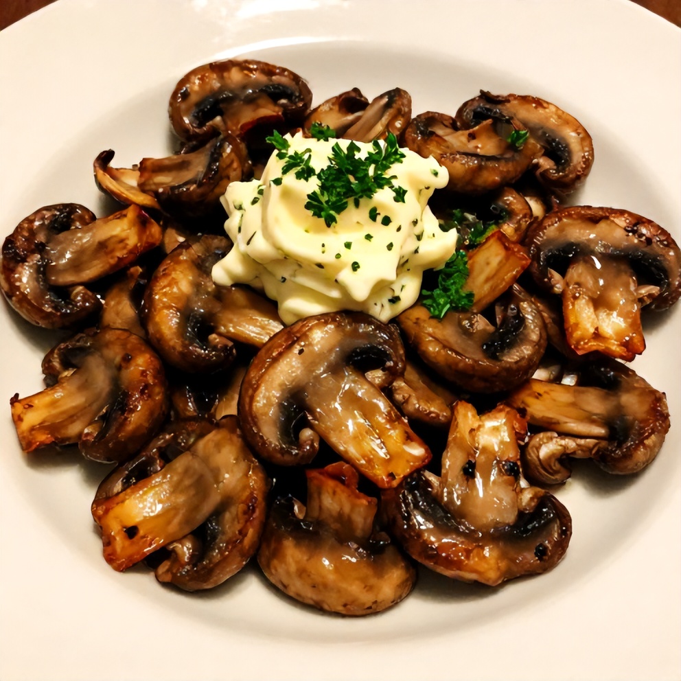 A serving of herb butter sautéed mushrooms plated on a white dish with a sprinkle of parsley, photographed at a 45-degree angle with warm side lighting.