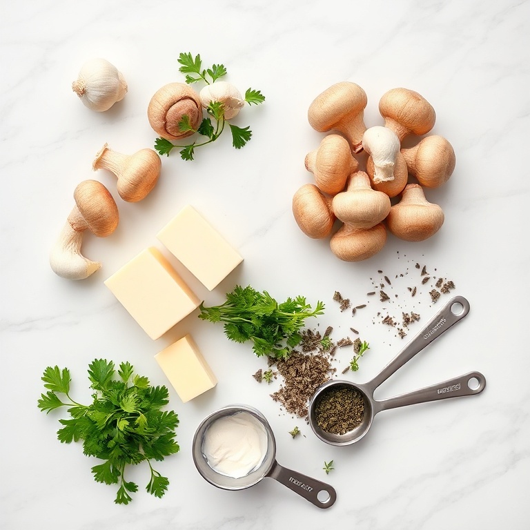 Raw mushrooms, garlic, butter, parsley, and thyme arranged in a flat lay on a white marble surface with bright even natural light.