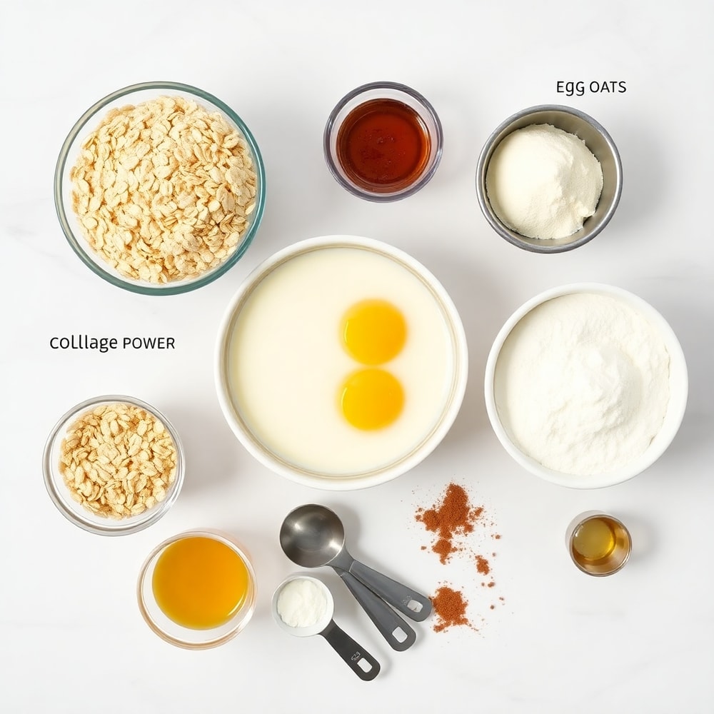 Ingredients for high protein pancake muffins on a marble counter