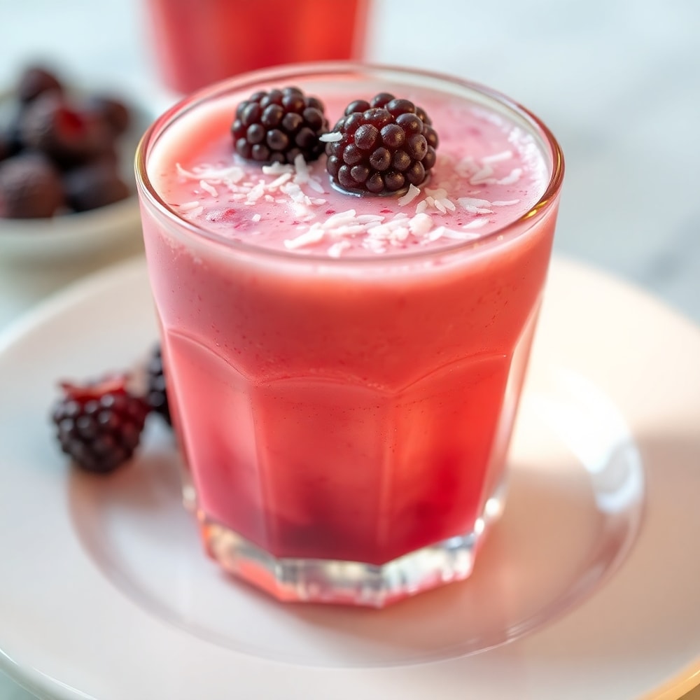 Homemade Blackberry Coconut Pink Drink ready to serve