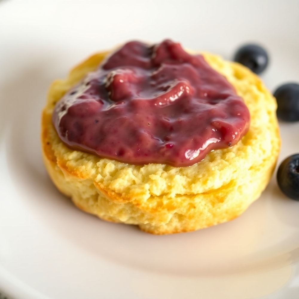 Homemade blueberry butter served on a toasted biscuit