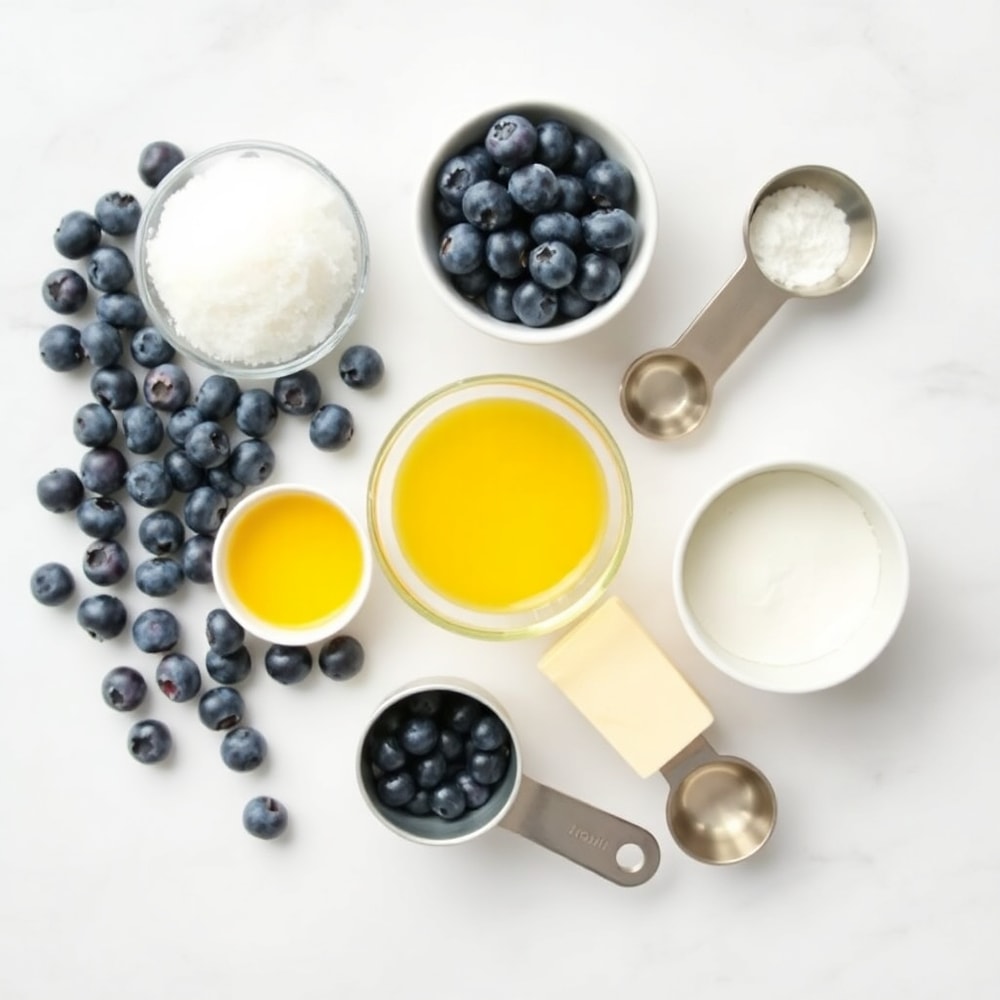 Raw ingredients for blueberry butter: blueberries, sugar, lemon juice, cornstarch, and butter