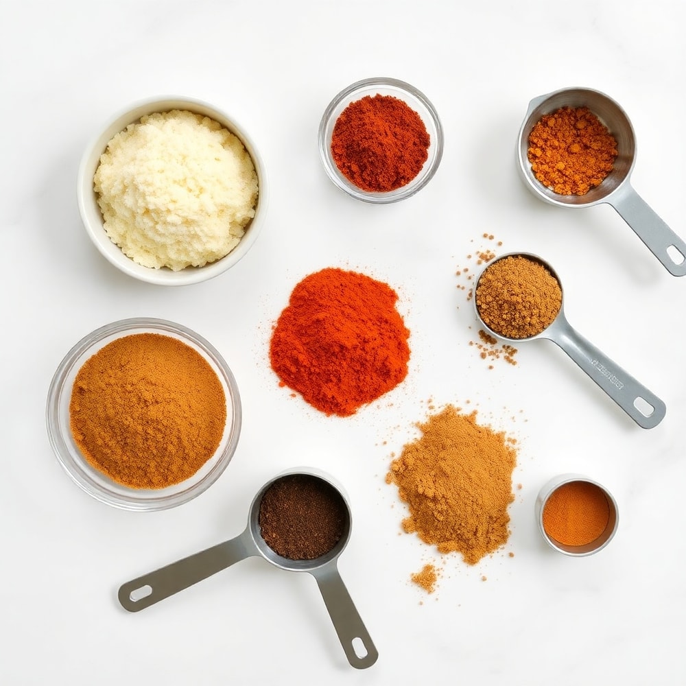 Raw ingredients for jamaican jerk seasoning on a white marble surface