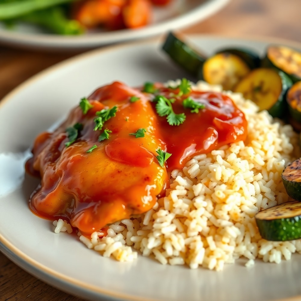 A perfect serving of Honey BBQ Chicken and Rice on a plate, garnished with fresh parsley, with a side of garlic parmesan roasted zucchini