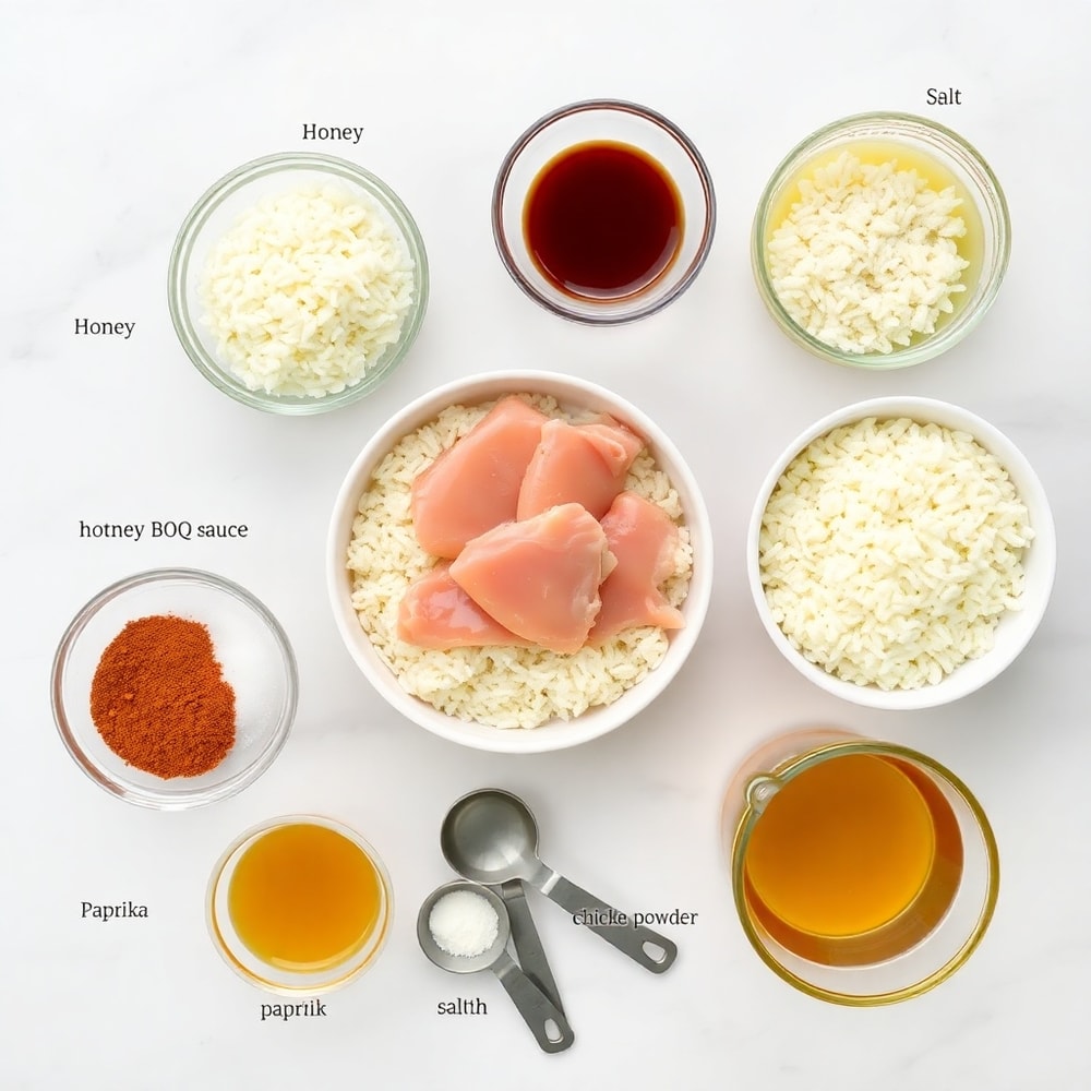 Raw ingredients for Honey BBQ Chicken and Rice in an overhead flat lay, including chicken, rice, honey, BBQ sauce, and seasonings
