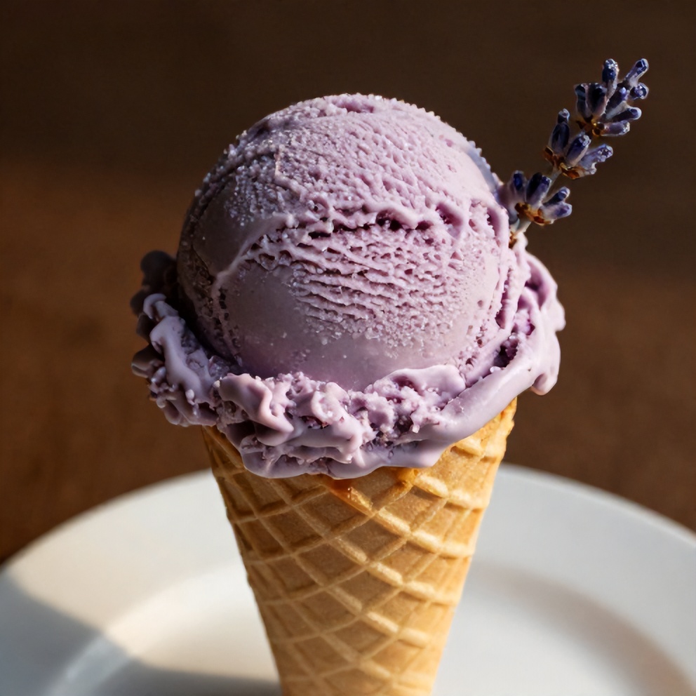 Scoop of honey lavender ice cream on a cone with a lavender sprig