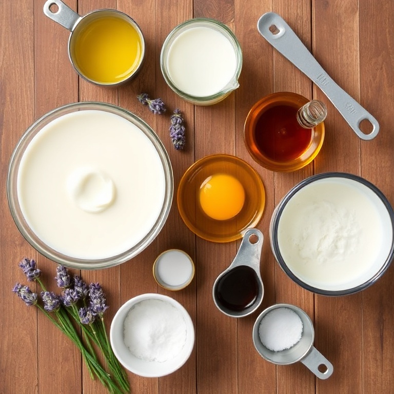 Raw ingredients for honey lavender ice cream on a wooden surface