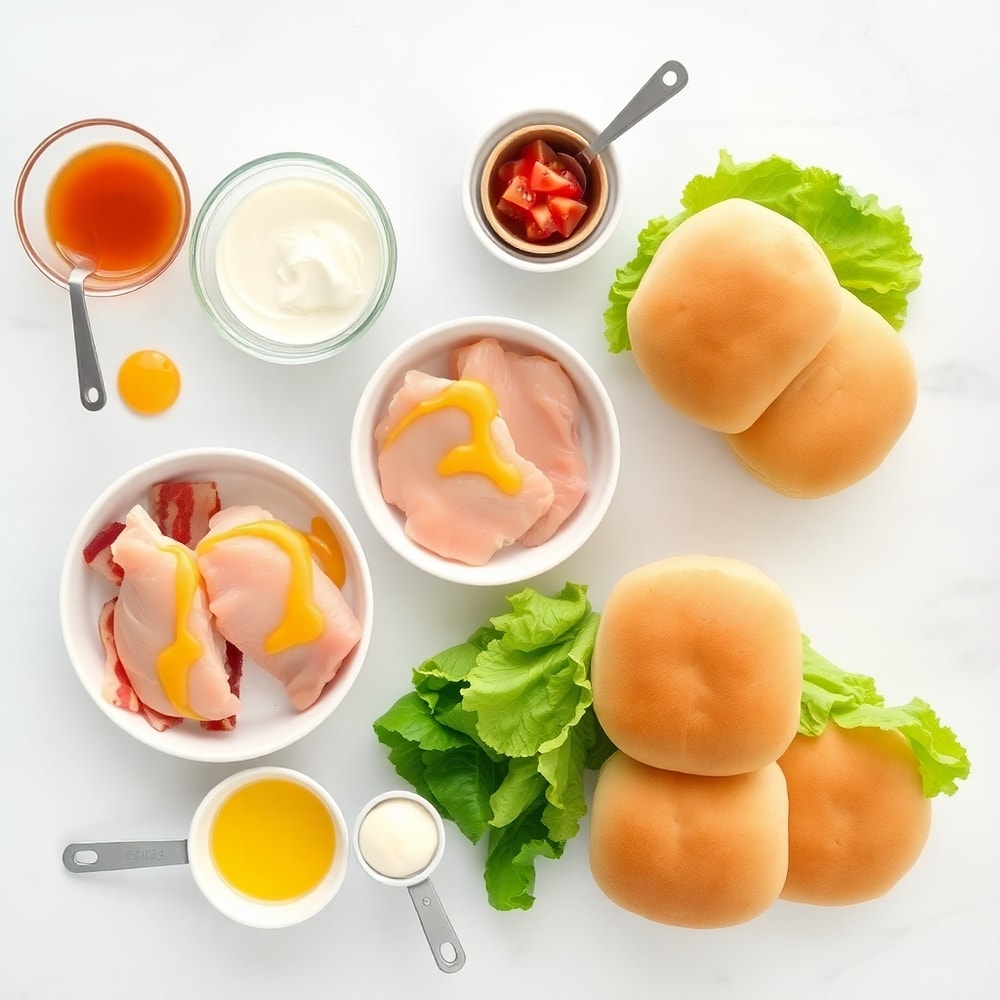 Raw ingredients for Honey Mustard BLT Chicken Sliders on a marble surface