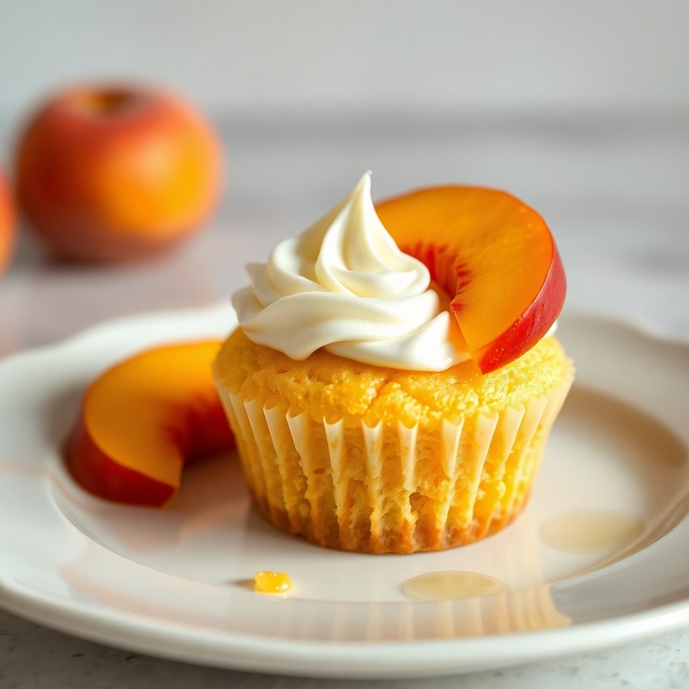 Plated Honey Peach Cream Cheese Cupcake with a dollop of whipped cream and a fresh peach slice