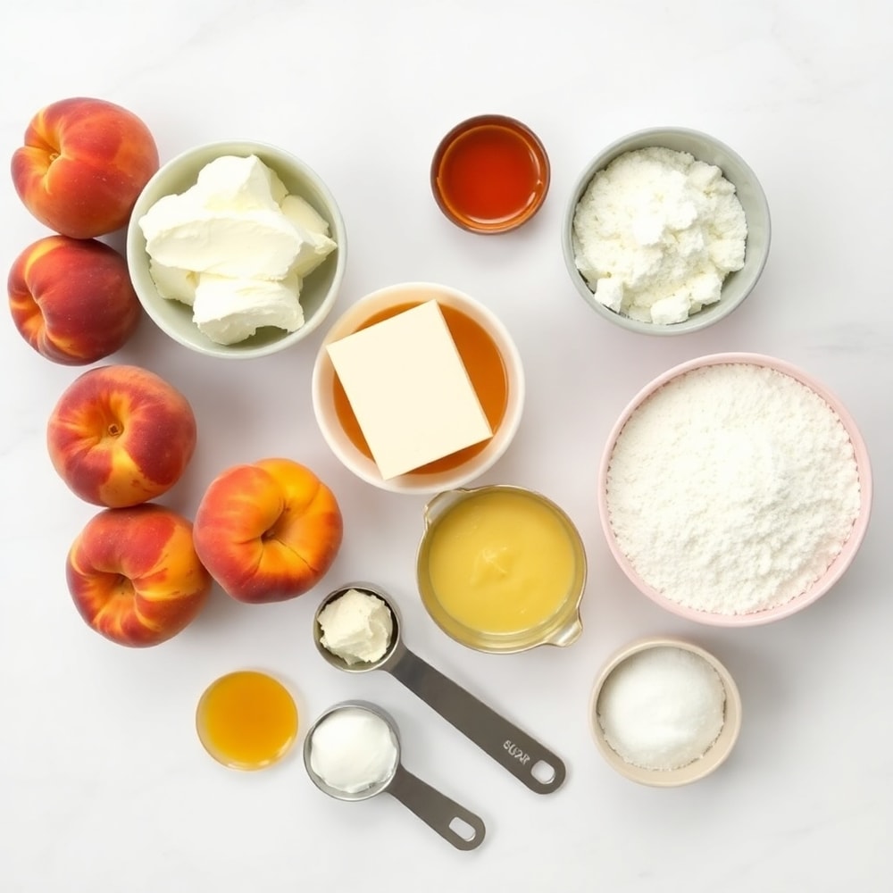 Arrangement of ingredients for Honey Peach Cream Cheese Cupcakes including peaches, cream cheese, honey, and flour