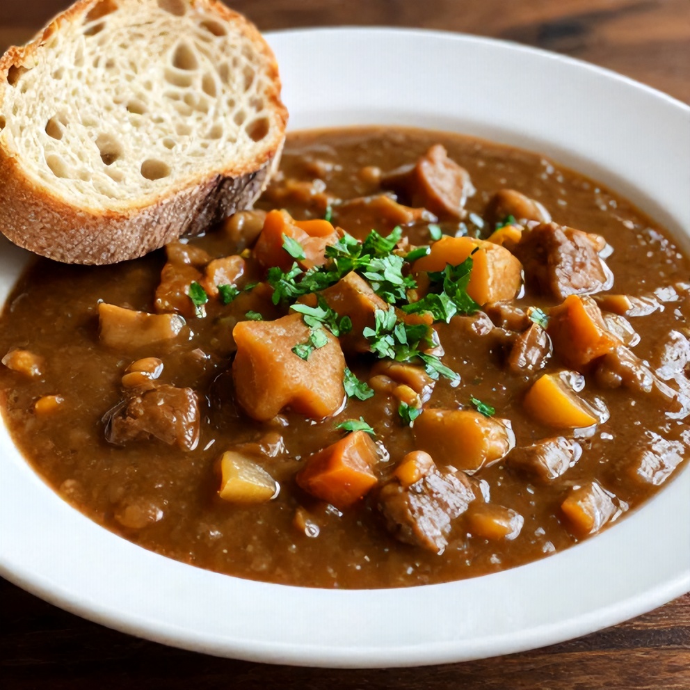 Plated Irish Vegetarian Stew with crusty bread