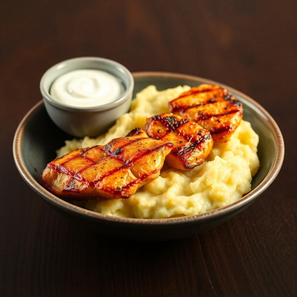 Finished juicy grilled chicken mashed potato bowls with crispy chicken skin and creamy potatoes