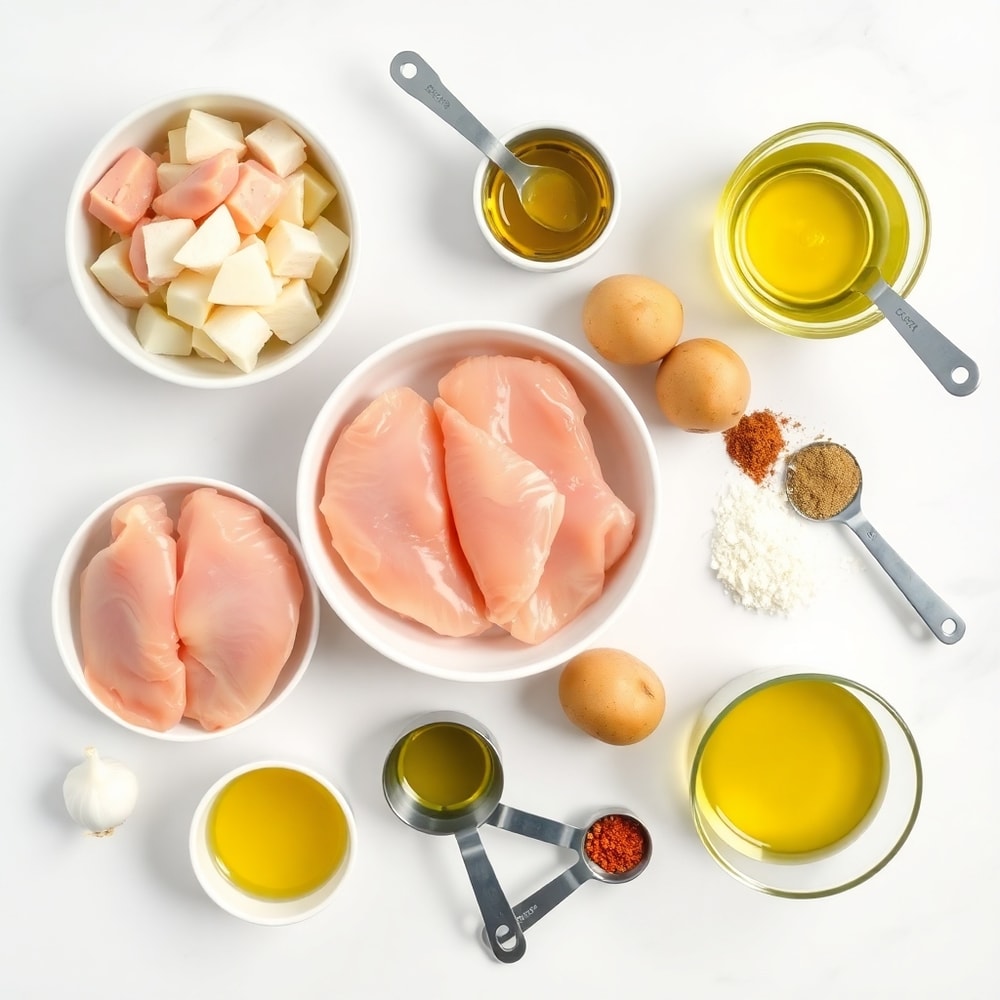 Raw ingredients for juicy grilled chicken mashed potato bowls including chicken breasts, potatoes, garlic, and herbs