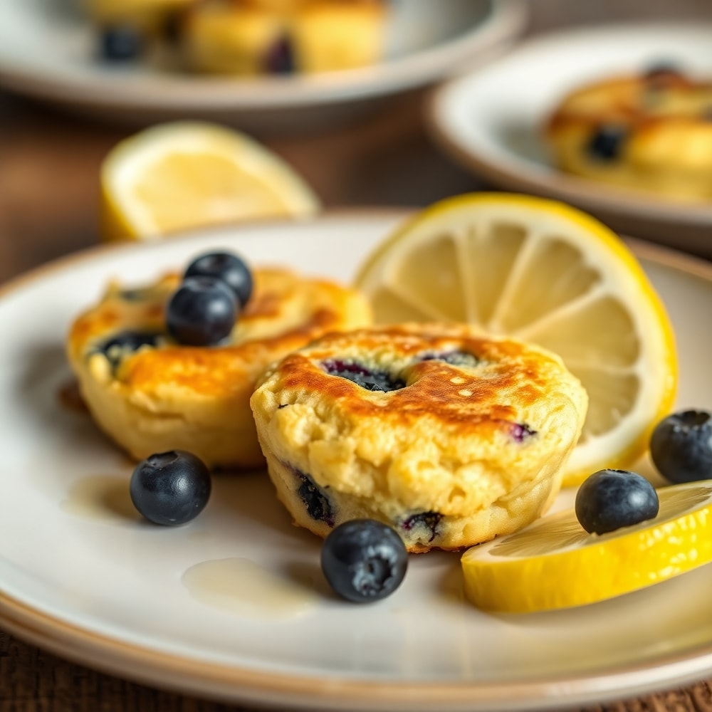 Lemon Blueberry Cottage Cheese Pancake Bites on a plate with a lemon wedge