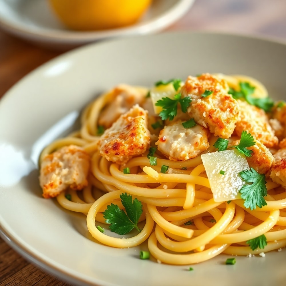 Lemon Chicken Pasta with Crispy Chicken, Fresh Parsley, and Parmesan Cheese