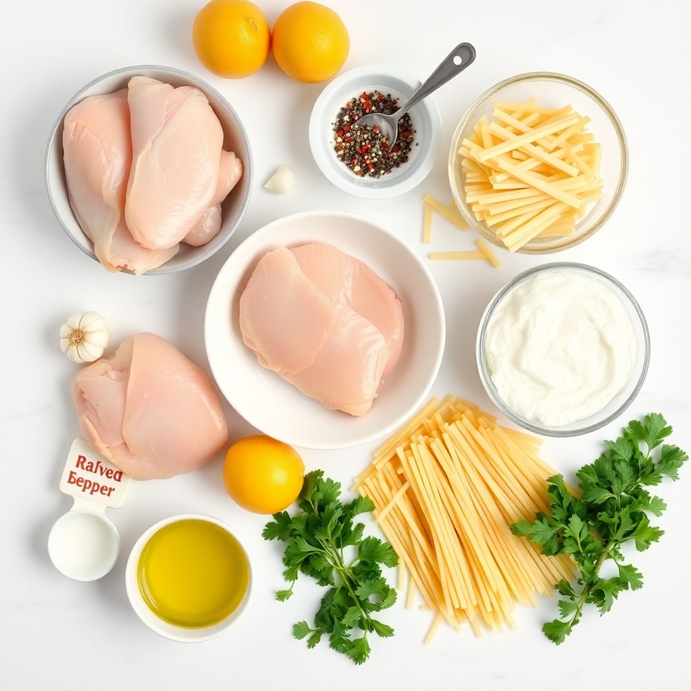 Raw Ingredients for Lemon Chicken Pasta: Chicken, Pasta, Lemon, Garlic, Butter, Heavy Cream, Parmesan
