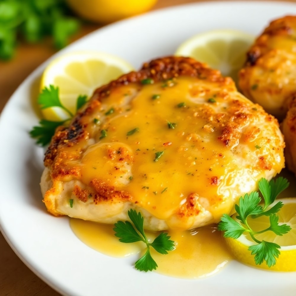 Plated Lemon Garlic Pork Chops with lemon slices
