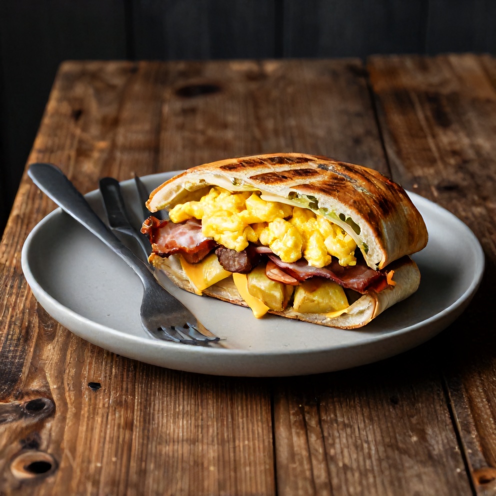 Loaded Breakfast Burrito on a rustic wooden table with a knife and fork