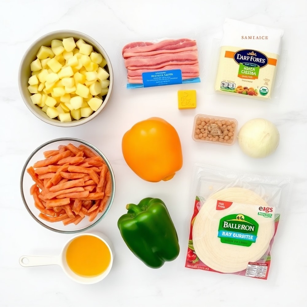 Raw ingredients for Loaded Breakfast Burrito on a white marble surface