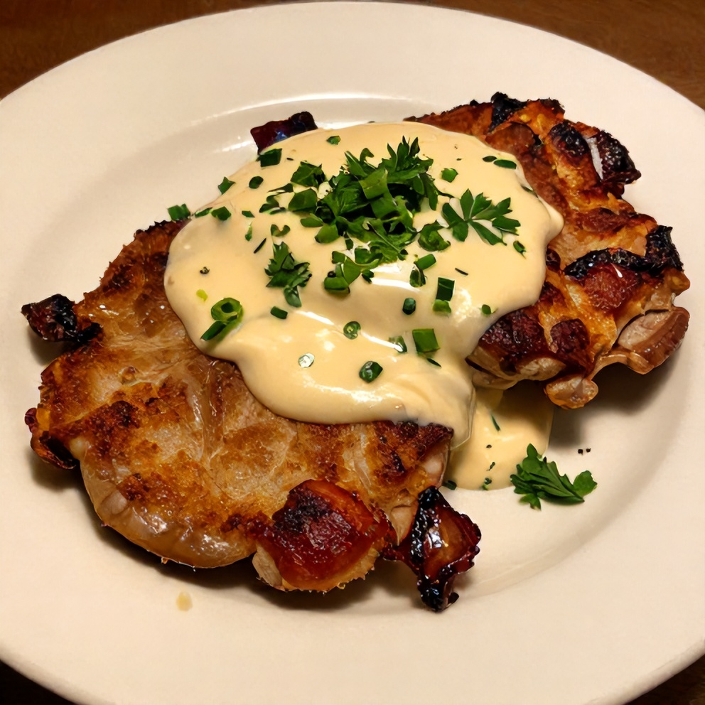 Plated maple bacon pork chops with creamy Dijon sauce